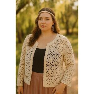 Ultra Pink Women Long Sleeve Top Crochet Open Knit Cardigan Romantic Boho Sz XL